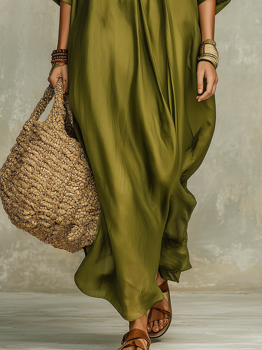 Olive Green Bohemian Maxi Dress – Relaxed Fit