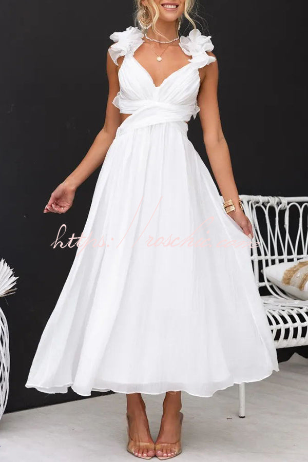 Floral Chiffon Maxi Dress with Ruffle Detail & Lace-Up Back