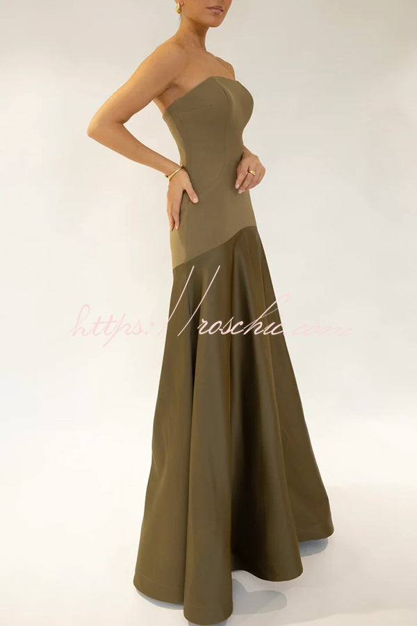 Satin Strapless Flare Maxi Dress – Patchwork Gown