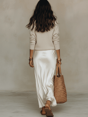 Ivory Knit & Satin Midi Skirt Set