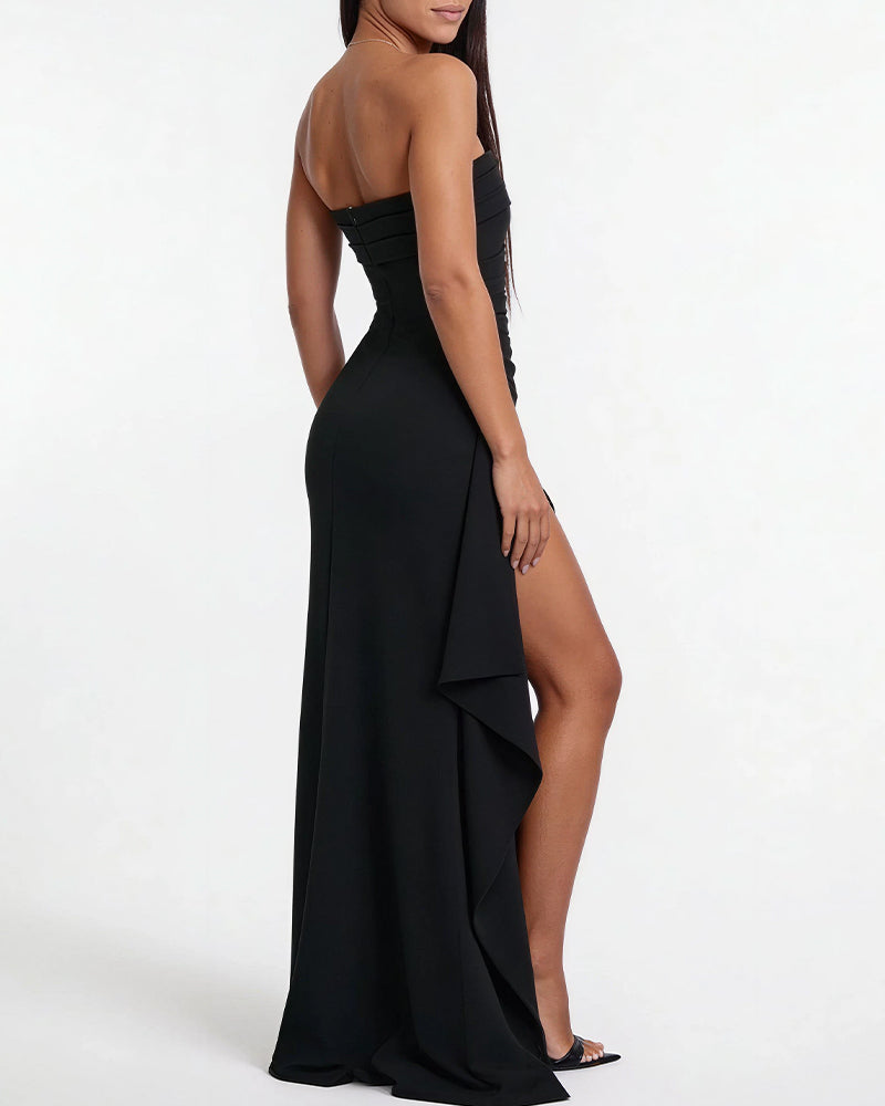 Strapless Ruched High-Slit Gown Dress