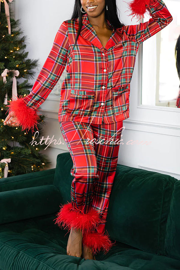 Christmas Printed Feather Trim Pajama Set with Pockets