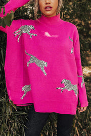 Leopard Print High Neck Relaxed Sweatshirt with Side Slit