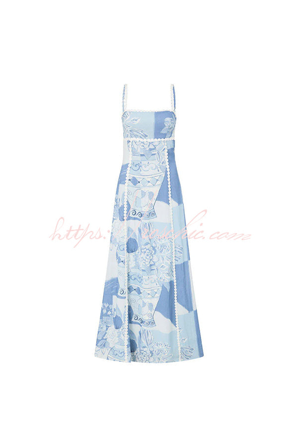 Linen Blend Maxi Dress with Floral Print & Back Tie