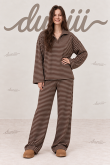 Duniii Striped V-Neck Long Sleeve Lounge Set