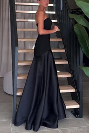 Satin Strapless Flare Maxi Dress – Patchwork Gown