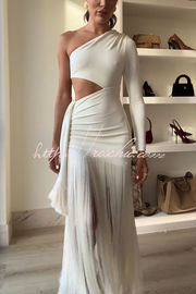 One Shoulder Cutout Maxi Dress with Tassel Trim