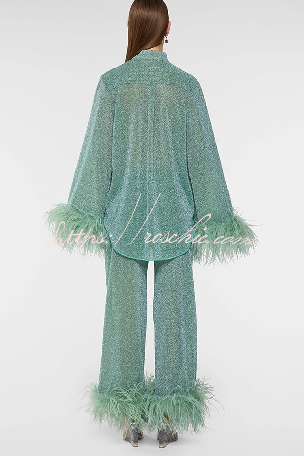 Glitter Feather Trim Two-Piece Lounge Set – Long Sleeve & Pants