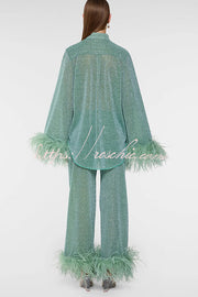 Glitter Feather Trim Two-Piece Lounge Set – Long Sleeve & Pants