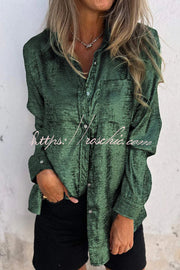 Metallic Fabric Button-Up Blouse – Long Sleeve Loose Fit