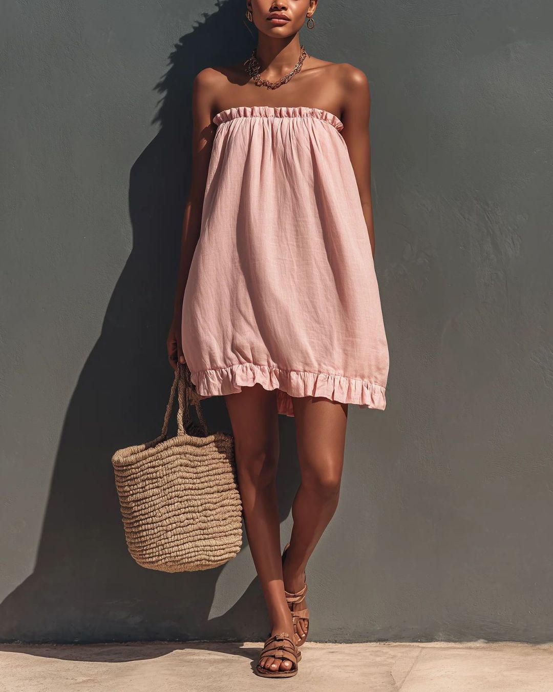 Strapless Ruched Cotton Mini Dress