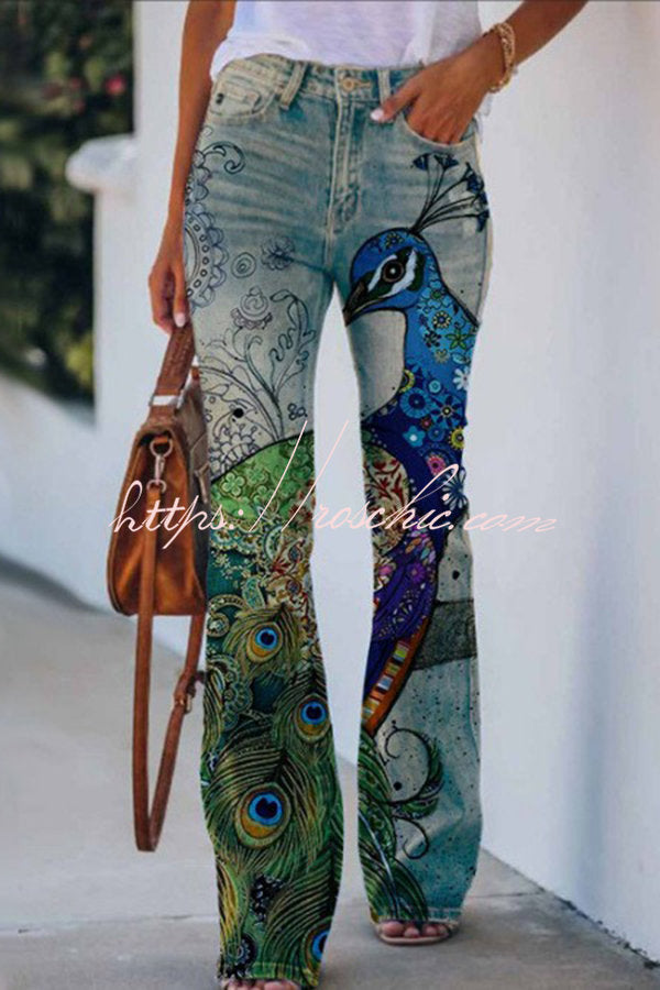 Faux Denim Print High Rise Flare Pants – Women's Casual