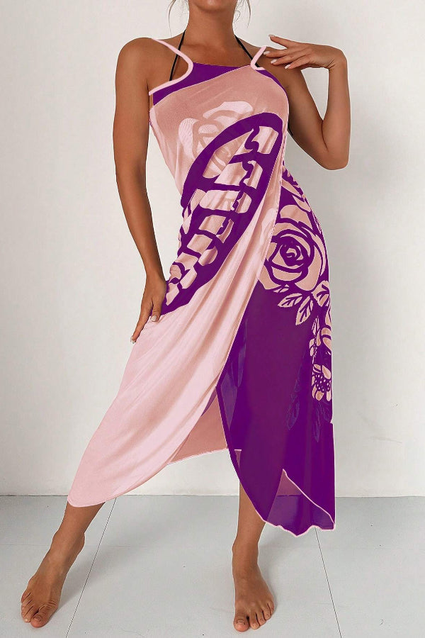 Butterfly Print Color-Block Midi Dress – Resort Cover-Up