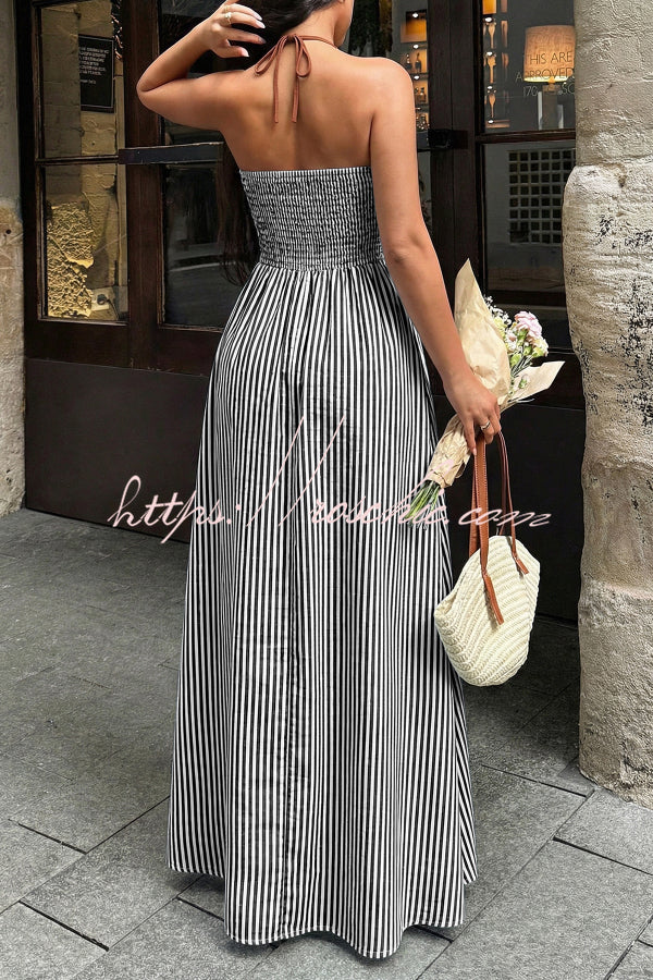 Striped V-Neck Sleeveless Backless Maxi Dress – Vacation