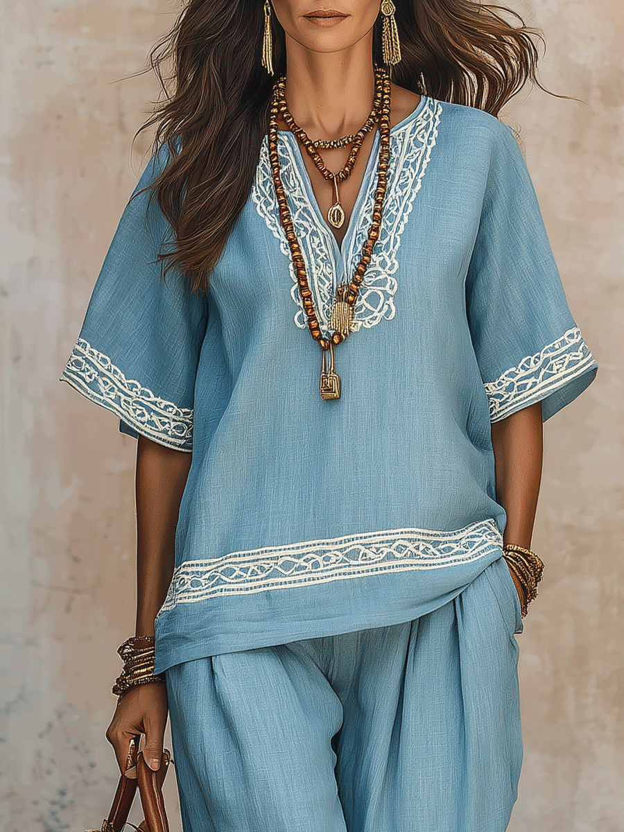 Boho Embroidered Linen Two-Piece Pants Set in Sky Blue