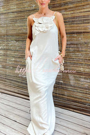 Linen Blend Floral Embellished Maxi Dress with Pockets & Slit