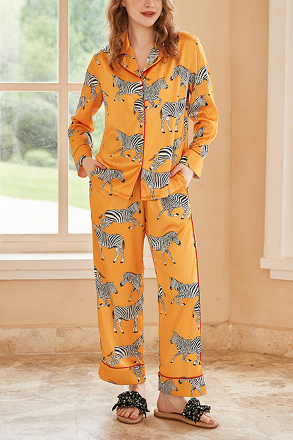 Yellow Zebra Print Long Sleeve Two-Piece Lounge Set