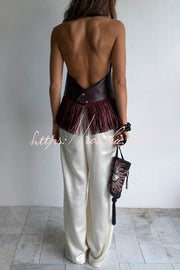 Faux Leather Halter Neck Sleeveless Top with Tassel Detail