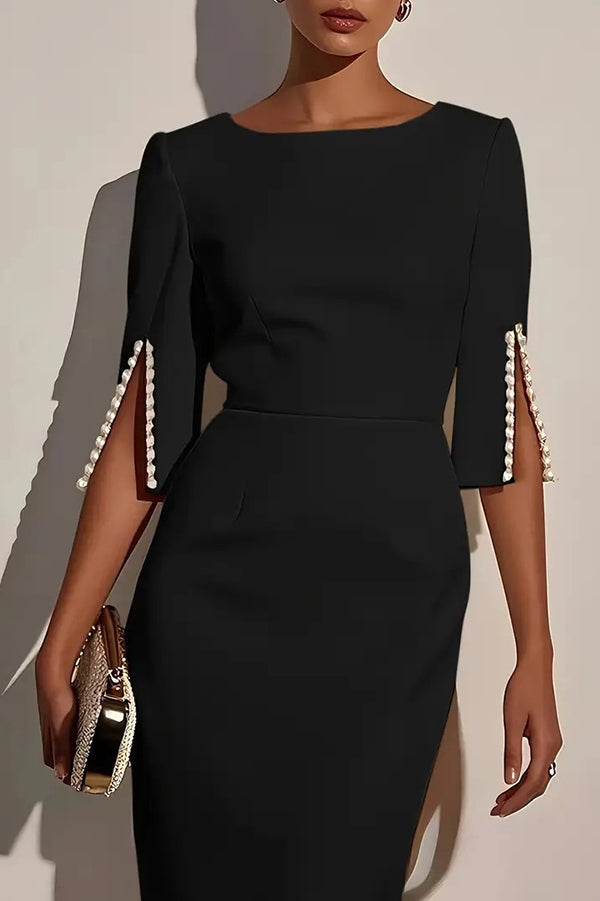 Robe mi-longue slim à col rond perlé et demi-manches