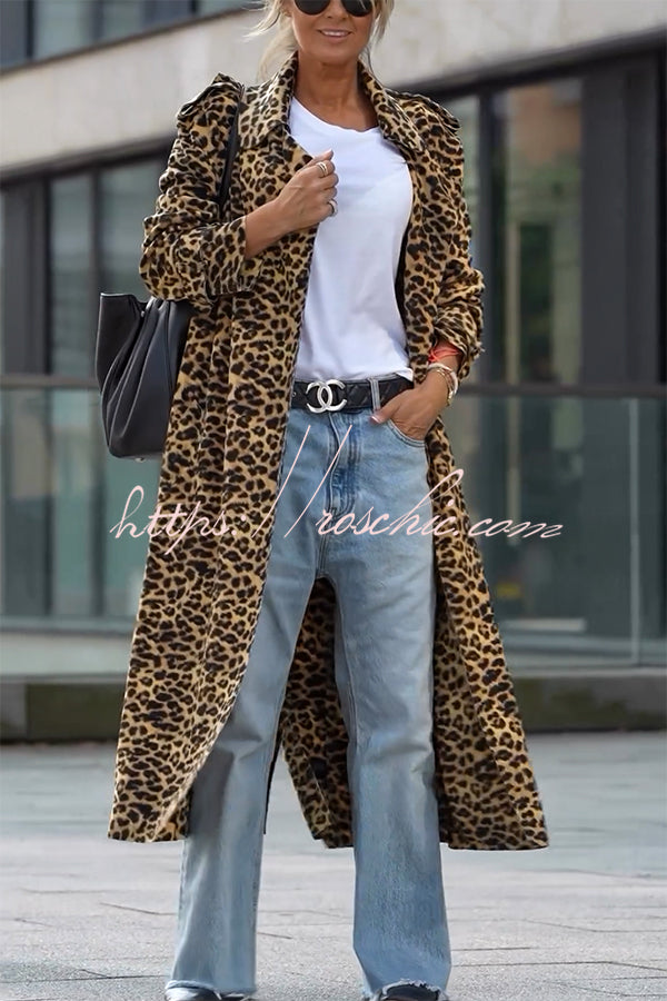 Velvet Leopard Print Midi Trench Coat – Loose Long Sleeve