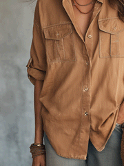 Bohemian Utility Pocket Long Sleeve Blouse in Camel Brown