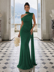 One Shoulder Formal Evening Gown with Built-In Bra, Ruched Mesh