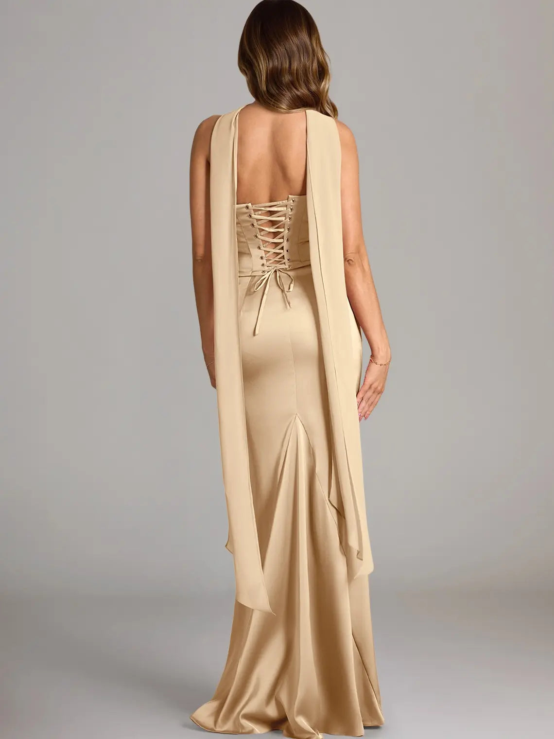 AZAZIE Sorrel Wedding Guest Gown for Women, 2-Piece Luminous Satin Mermaid Dress with Cowl Neck, Lace-up Corset Top & Chiffon Scarf, Gowns