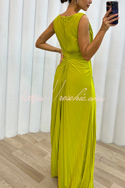 Pleated Embellished Slit Sleeveless Evening Maxi Dress