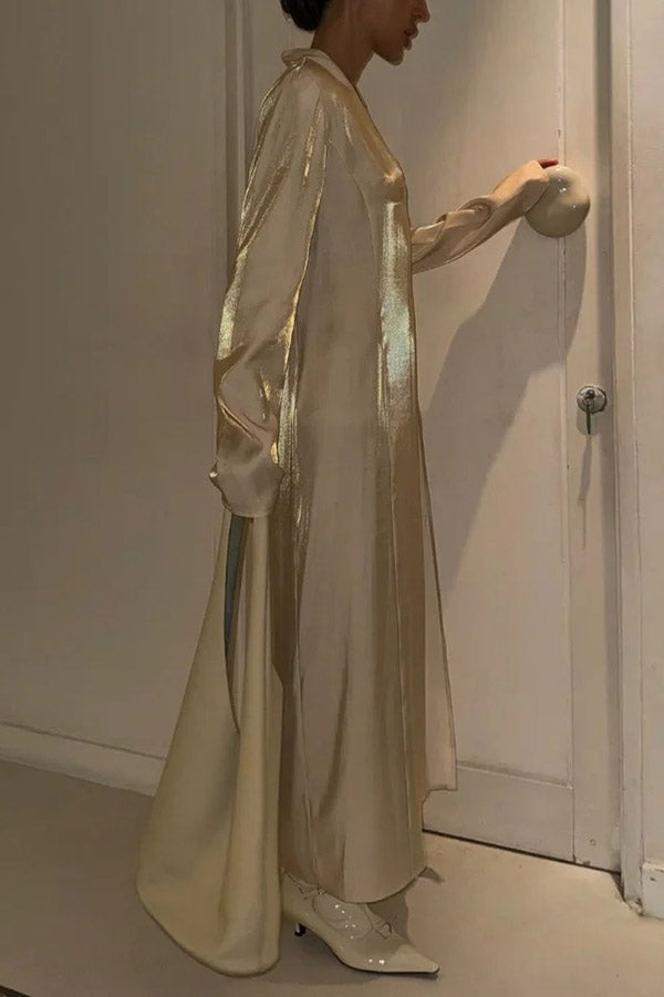 Glossy V-Neck Long Sleeve Slit Maxi Dress – Loose Fit