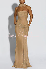 Sequined Mesh Off Shoulder Ruched Maxi Dress for Parties