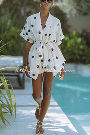 Linen Blend Polka Dot Kimono Top & Shorts Set