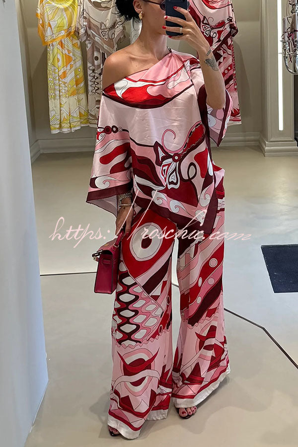 Satin Cape-Sleeve Top & Wide-Leg Pants Set | Vacation