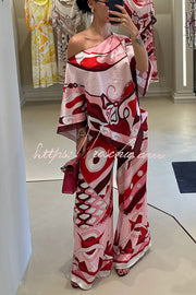 Satin Cape-Sleeve Top & Wide-Leg Pants Set | Vacation