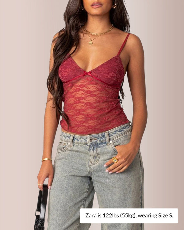 Sheer Lace Tank Top with Bow Detail and Lined Bust