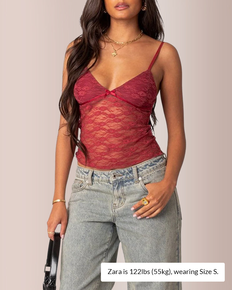 Sheer Lace Tank Top with Bow Detail and Lined Bust
