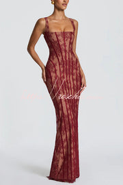 Floral Lace Square Neck Lace-Up Slit Maxi Dress