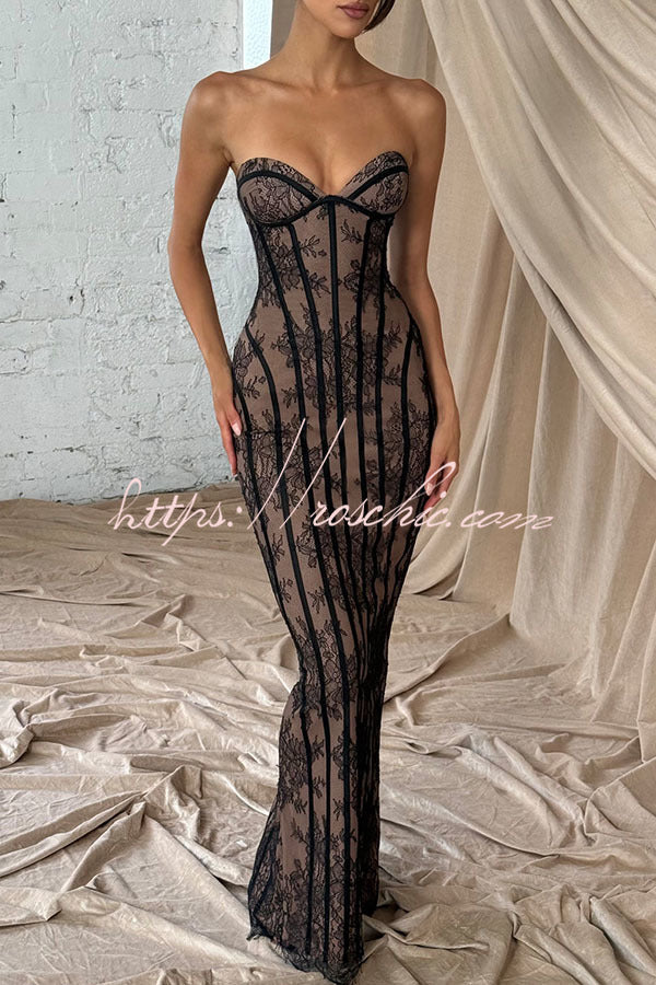 Floral Lace Strapless Maxi Dress with Lace-Up Back & Slit