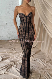 Floral Lace Strapless Maxi Dress with Lace-Up Back & Slit