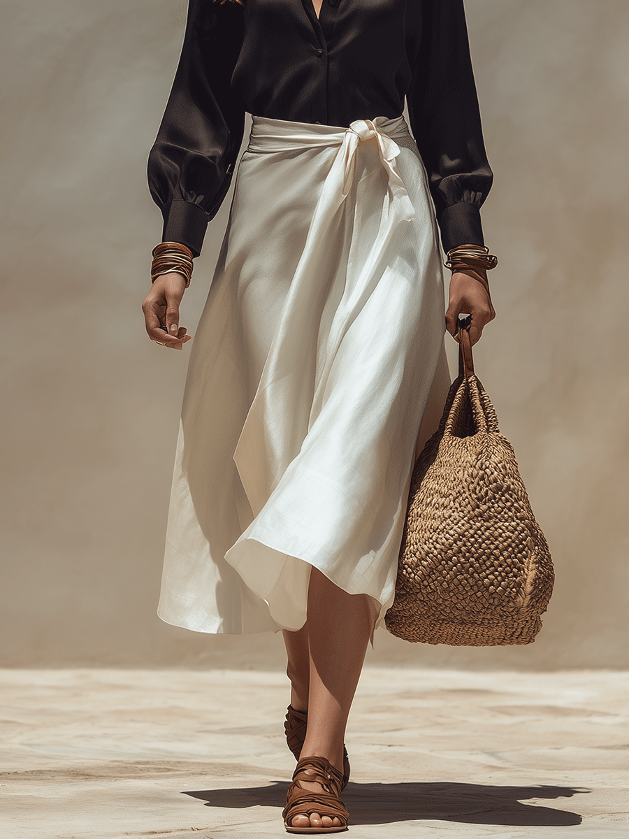 Satin Blouse & Wrap Midi Skirt Set | Two-Piece Coord