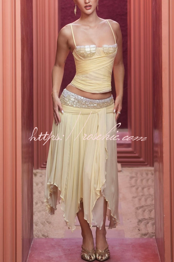 Pleated Chiffon Crystal Beaded Lace-Up Tank Top