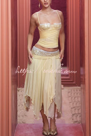 Pleated Chiffon Crystal Beaded Lace-Up Tank Top