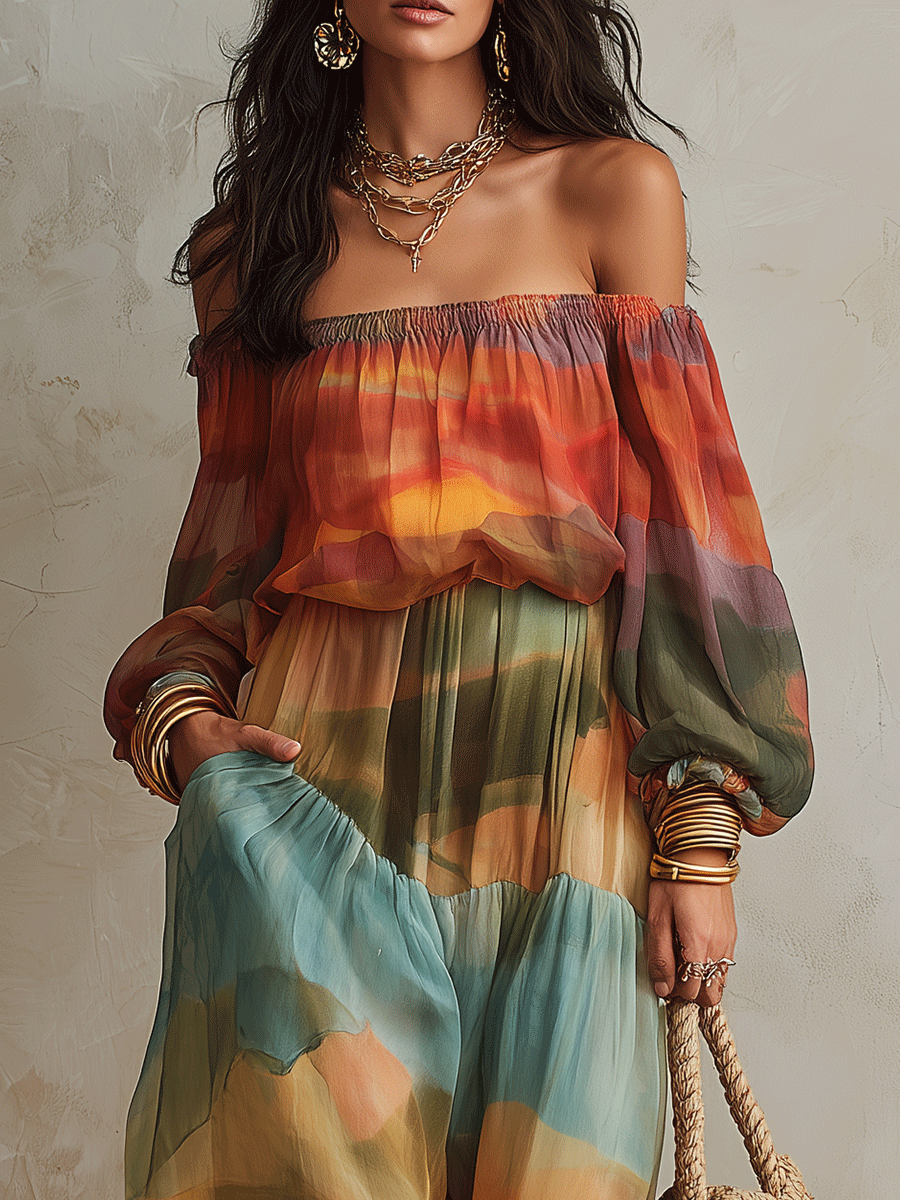 Off-Shoulder Chiffon Maxi Dress in Sunset Multi-Color Print