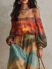 Off-Shoulder Chiffon Maxi Dress in Sunset Multi-Color Print