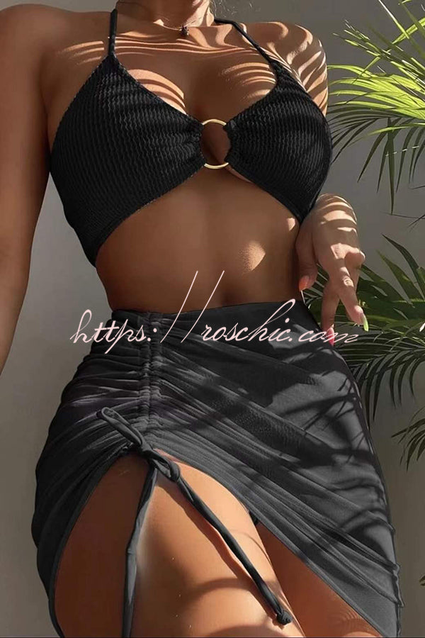 Spaghetti Strap Pleated Three-Piece Swimsuit Set