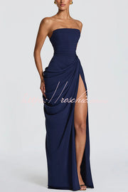 Chiffon Strapless Maxi Dress with Asymmetrical Pleats & Slit