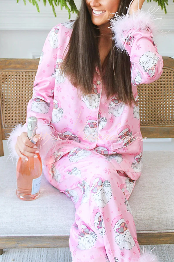 Christmas Printed Feather Trim Pajama Set with Pockets