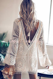 Embroidered Lace Cover Up Dress | Long Sleeve V-Neck