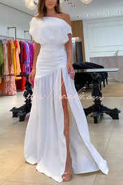 One Shoulder Ruched Slit Maxi Dress for Parties