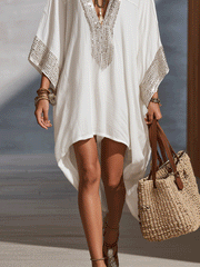Ivory Boho Kaftan Midi Dress with V-Neck & Wide Sleeves