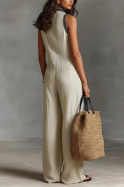 Linen Blend Sleeveless V-Neck Loose Jumpsuit with Pockets